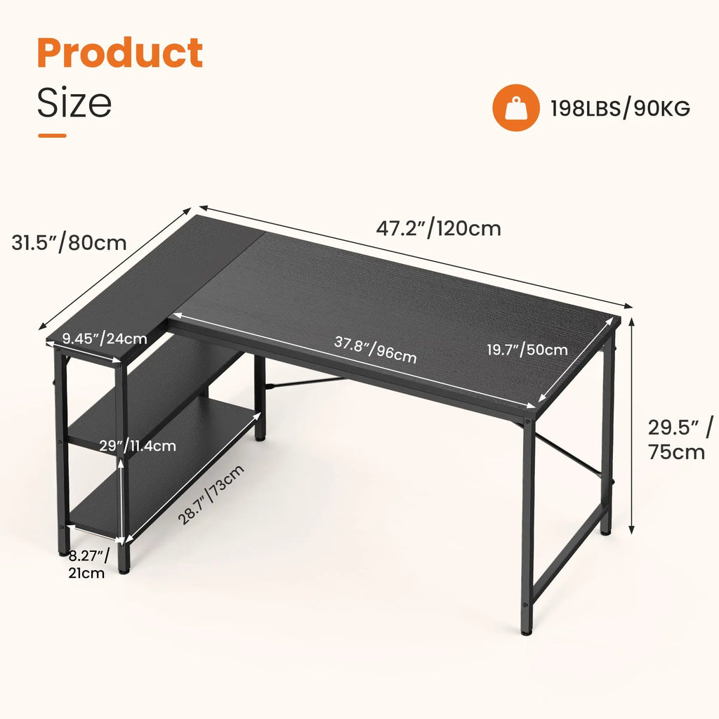 L Shaped Desk 47 Inch Computer Desk Gaming Corner Desk Home Office PC Table with Reversible Storage Shelves